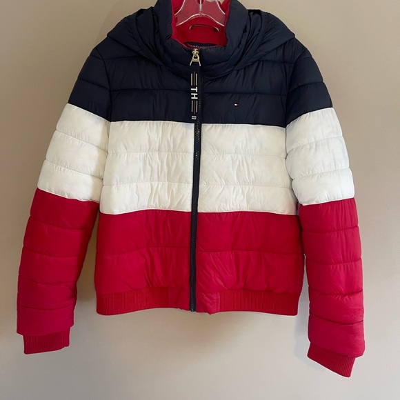 Tommy Hilfiger Women’s Medium Puffer Jacket Winter Coat TH Red White Blue - Picture 2 of 7